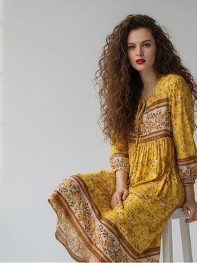 Cherie Bliss Tie Front Bohemian Yellow Floral Midi Dress Size S